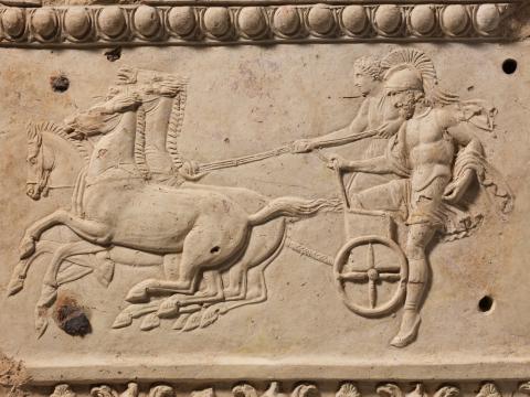 Terracotta plaque with King Oinomaos and his charioteer, 27 B.C.–A.D. 68. Terracotta. The Metropolitan Museum of Art. Fletcher Fund, 26.60.31. Licensed under CC BY 1.0.