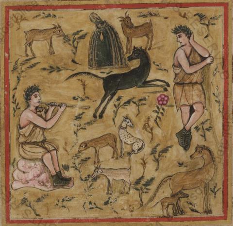 Vergilius Romanus. Shepherd with flocks (Georgics, Book III). First half of the 5th c., 22 x 22.5 cm. Vatican Apostolic Library. Vat. Lat. 3867. F ° 44v. Image via Wikipedia by Public Domain.