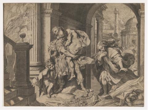 An engraving showing a muscly man in a helmet carrying an elderly, also muscly man in his arms. A woman with long hair and a small child are also in motion. The figures are moving over fallen statues and weapons inside a large building next to a staircase