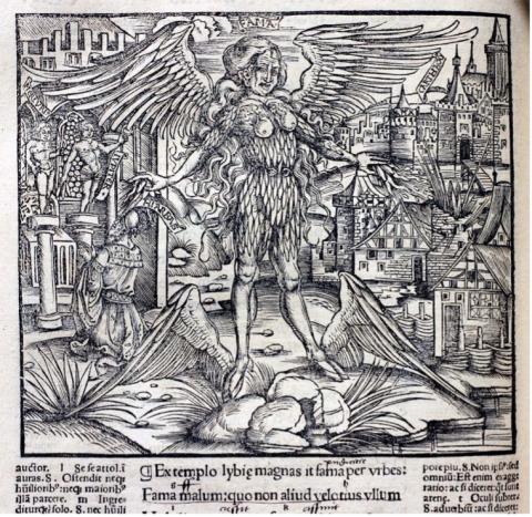 A woodcut of a black and white manuscript page with Latin text at the bottom. Above the text is an image of a woman covered in feathers with the wings and feet of a bird, thebreasts and face of a human woman, and long hair. A banner above her reads "FAMA"
