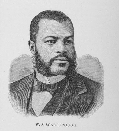 A black and white drawing of a man with short, dark hair, a beard, and moustache