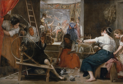A painting of four women sitting in a room weaving. One woman is spinning wool, two are arranging wool, and one is picking up tools off the floor. In the background is another room filled with women. 