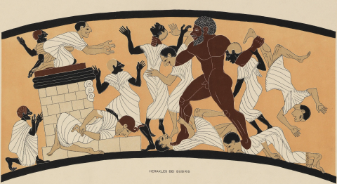 A large, brown-skinned man, nude with a beard, stands amid a group of smaller men in togas. He is standing on some men and holding others in his hands.