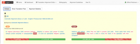 A screenshot of the Ugarit website showing alignment of one Latin and one English passage including the word "verba"