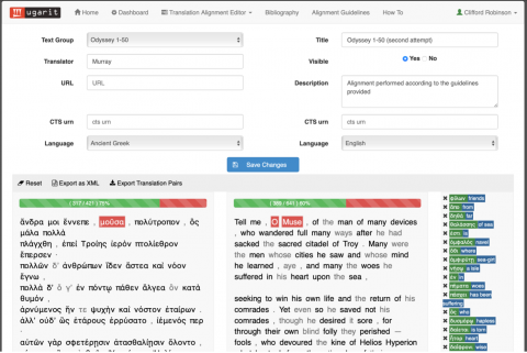 A screenshot from the Ugarit website showing a passage from the Odyssey in Ancient Greek on the left and an English translation by Murray on the right