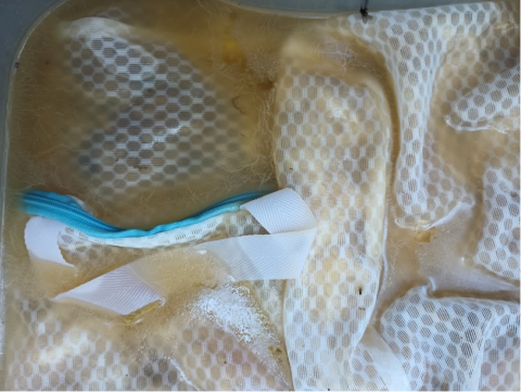 A zoomed-in perspective of a plastic bag full of dirty wool soaking in light brown liquid