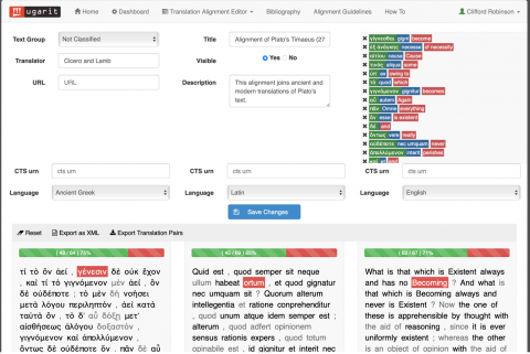 A screenshot from the Ugarit website showing a passage of Plato's Timaeus in Ancient Greek, Latin, and English