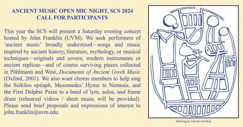 Information about the Ancient Music Open Mic Night, SCS 2024, Call For Participants with a drawing by Glynnis Fawkes