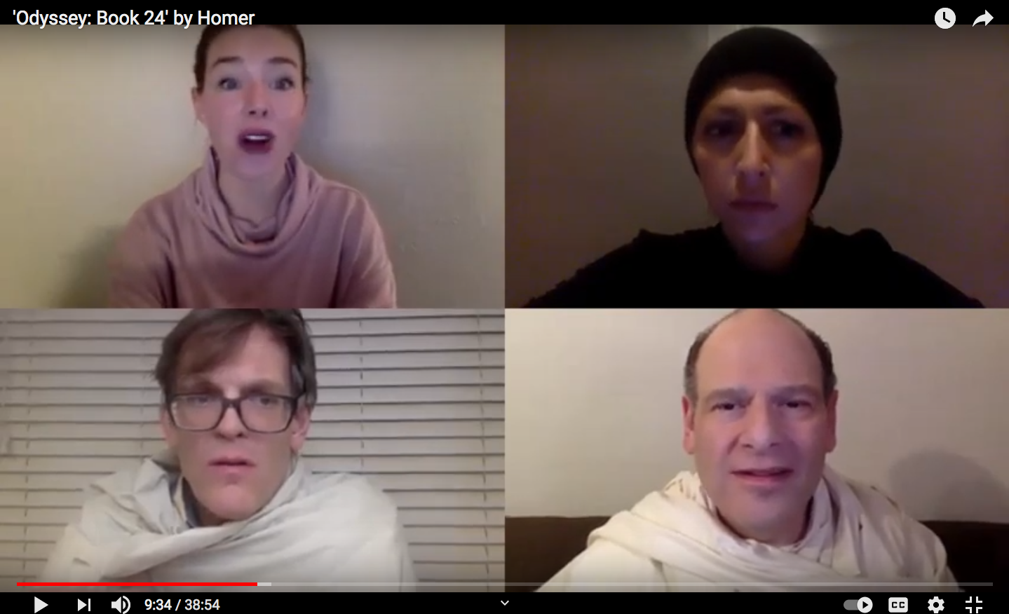 Figure 3. A screenshot from the virtual performance of Odyssey book 24 featuring, clockwise from the top left: Francesca Mintowt-Czyz as the narrator, Anne Mason as Amphimedon, Peter Parolin as Achilles, and Keith Otani Howard as Agamemnon.