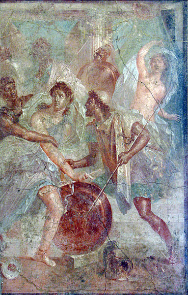 Achilles between Diomedes and Odysseus at Scyros, from the House of the Dioscuri, Pompeii. Museo Archeologico Nazionale di Napoli. 9110. Image via Wikimedia under Public Domain.