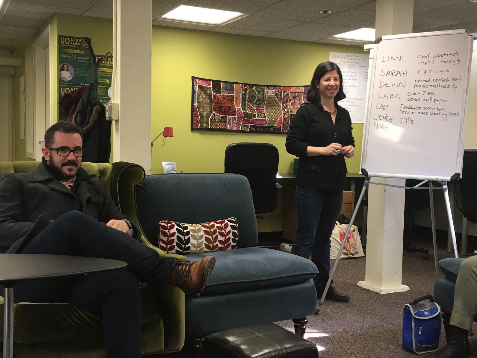 Members of Lindsey’s writing group, setting goals for their 3-hour writing blocks on Monday afternoons.