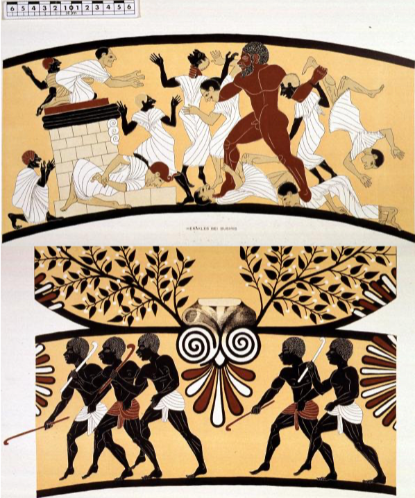 A large, brown-skinned man, nude with a beard, stands amid a group of smaller men in togas. He is standing on some men and holding others in his hands. Below, another scene of six black-skinned men in loincloths holding canes and walking to the left.