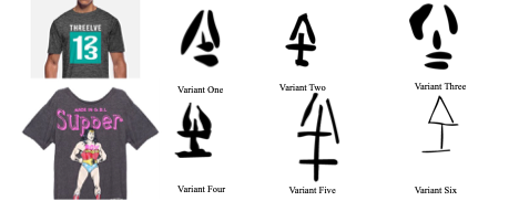 Two modern graphic tees are on the left. Next to each one are three similar symbolic drawings.