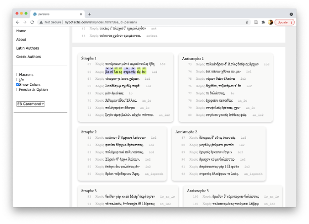 A screencap showing individual boxes containing a single strophe and antistrophe side by side.