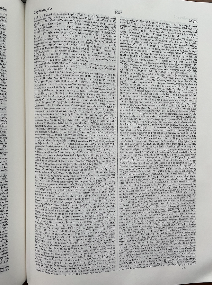 A different Greek-English dictionary opened to the page containing the entry for logos.
