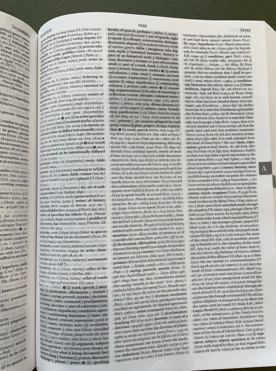 A different Greek-English dictionary opened to the page containing the entry for logos.