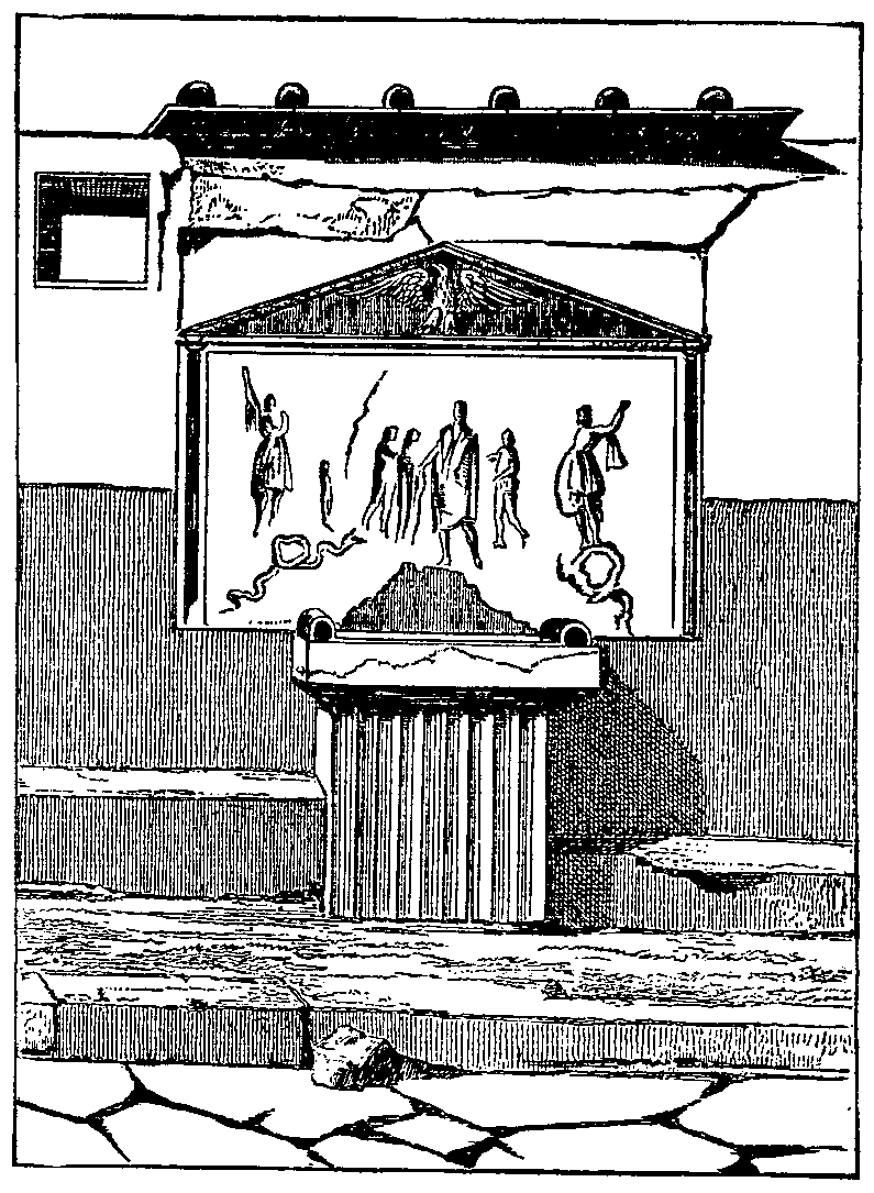 A black and white drawing of a wall painting of people walking. Beneath the painting is a column and some broken sidewalk stones.