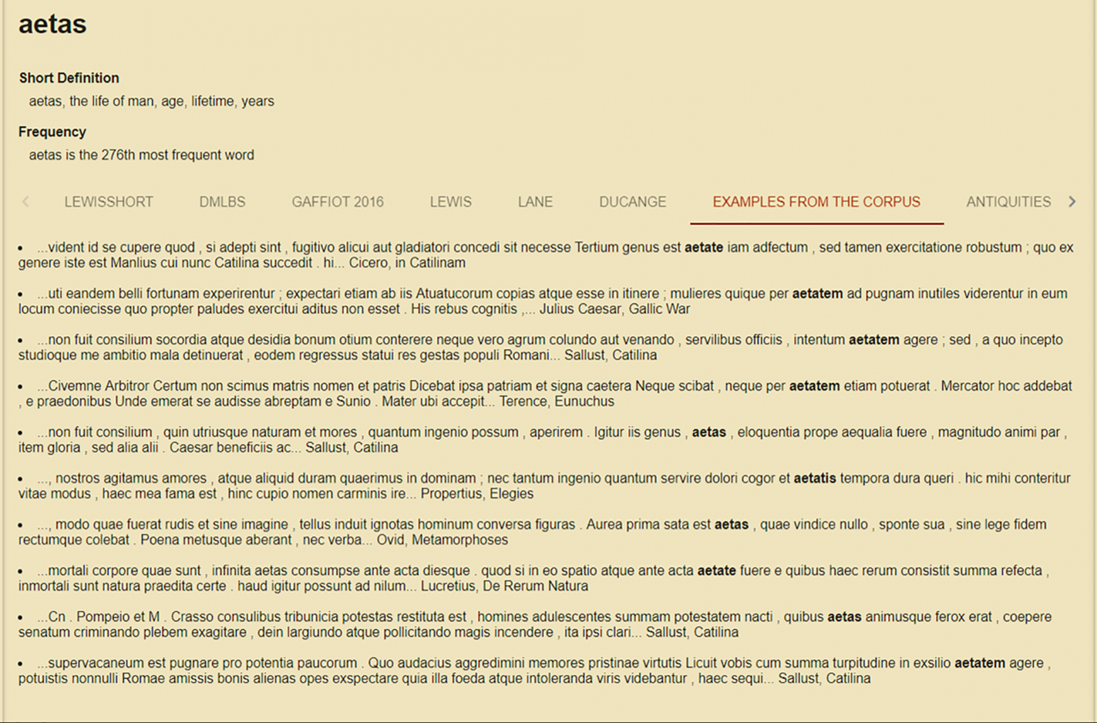Fig. 5: examples of the lemma aetas in the morphological database (including aetate, aetatem etc.)